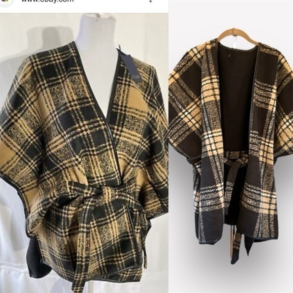 🇪🇸🐠Rachel Roy Fleece belted cape reversible plaid black tan one size
